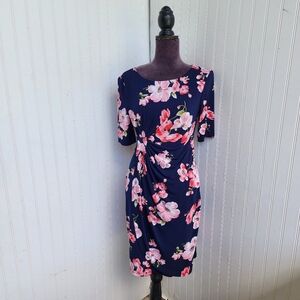 Connected Apparel Dress Womens Navy Blue Pink Floral Ruched Sheath Knee Sz 4P